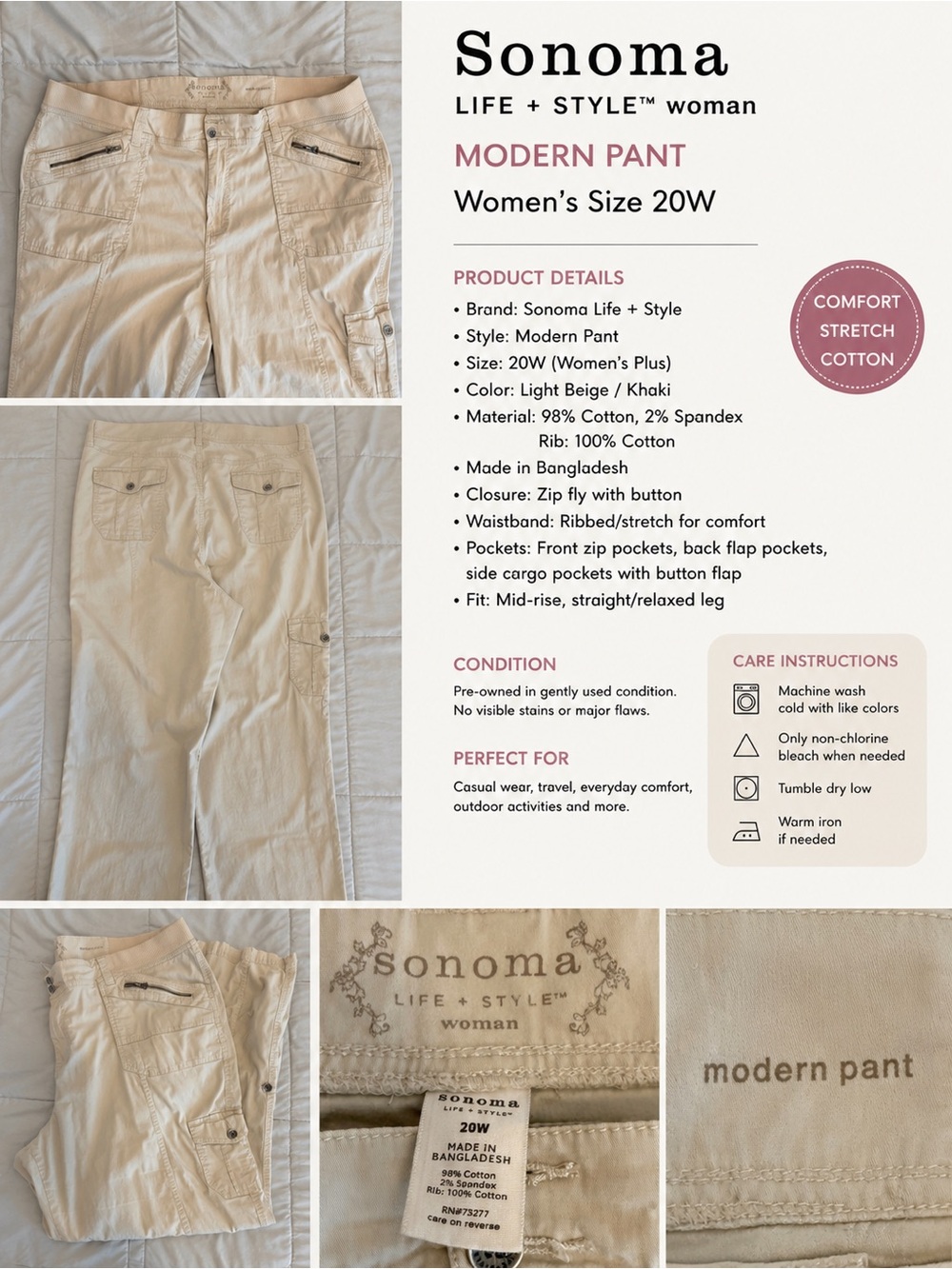 Sonoma Life + Style Cargo Pants Women’s 20W Beige Casual
